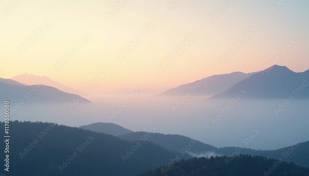Obraz premium Soft foggy morning landscape with gradient gray background and silvery hues, atmospheric, dawn, serene