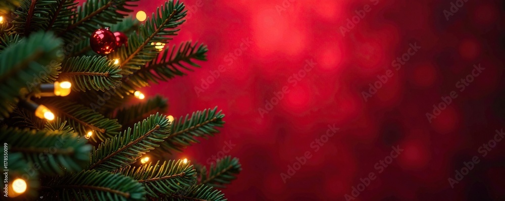 Twinkling string lights amidst fir branches on a dark red Christmas background, holly leaves, dark red, evergreen trees Twinkling string lights amidst fir branches on a dark red Christmas background, holly leaves, dark red, evergreen trees