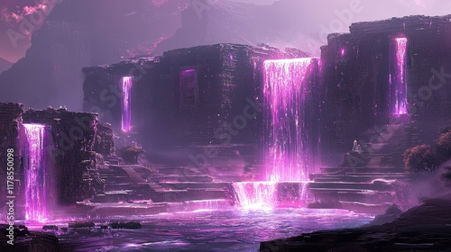A radiant canyon filled with glowing rivers that shimmer like liquid gold under the light of a swirling aurora. Towering cliffs of crystalline rock refract the light, and glowing stairways lead 
