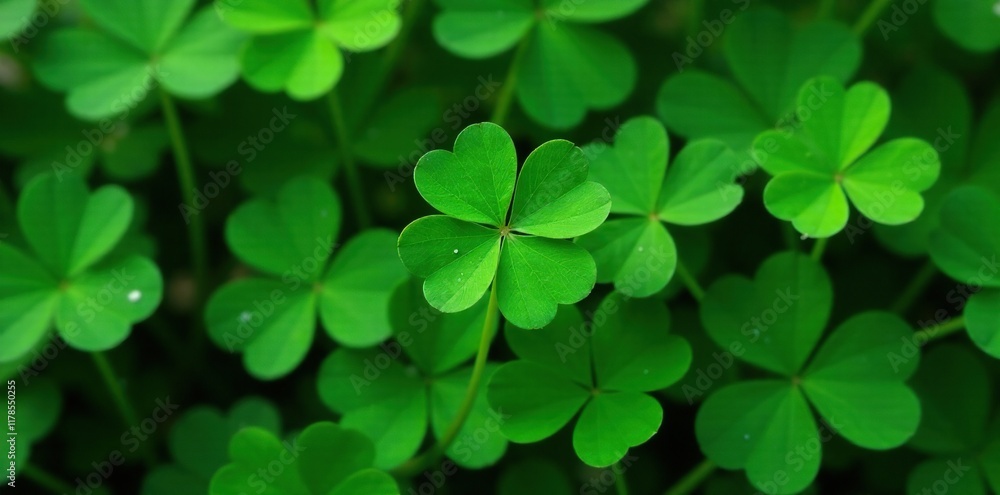 Emerald green foliage surrounds a single four-leaf clover, vegetation, nature scenery, leafy greens