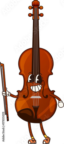 Cartoon contrabass, double bass groovy musical instrument character with smiling face and bow in hand playing classic music. Isolated vector musician equipment personage ready for orchestra concert