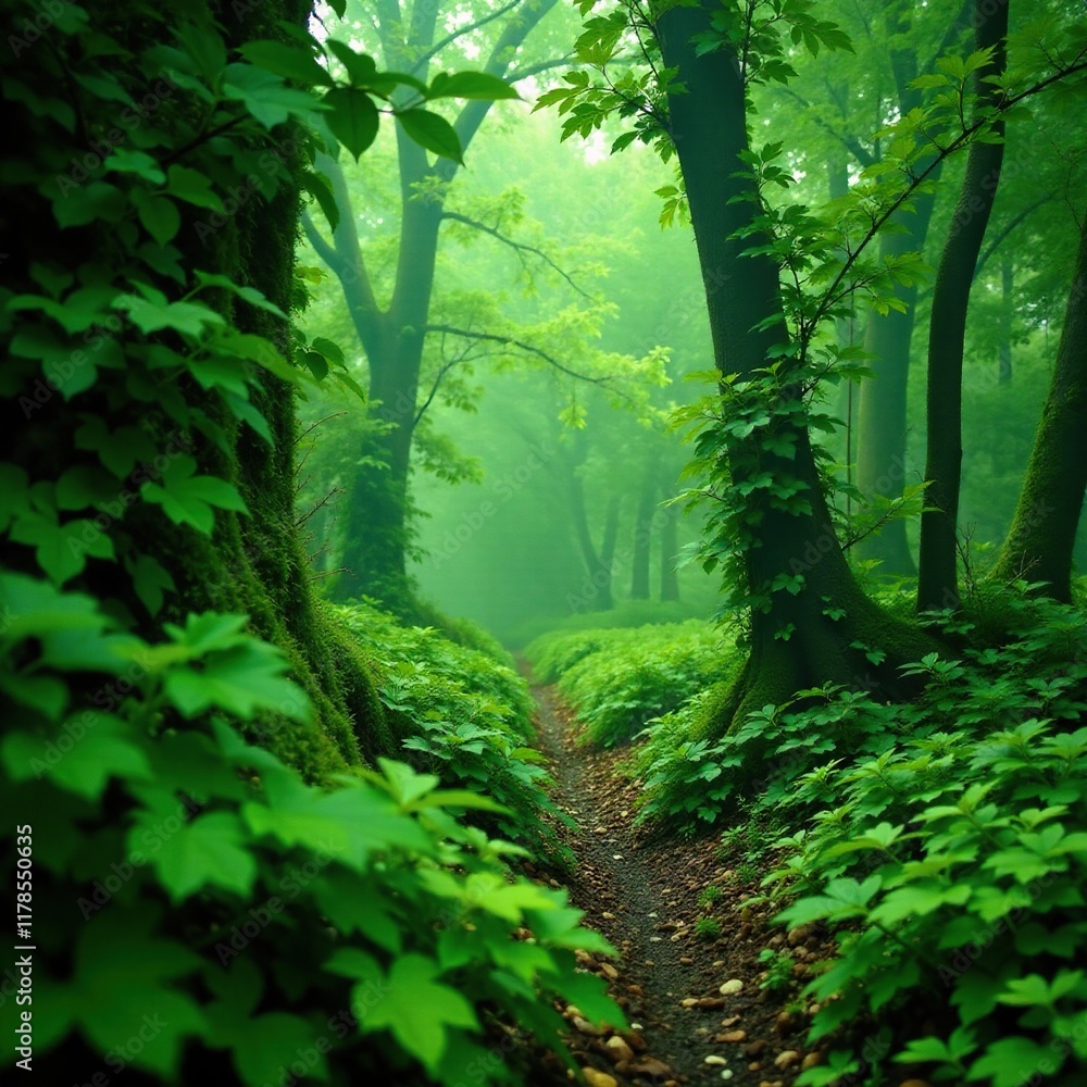 A dense thicket of green foliage in a misty atmosphere, green background, earthy tones, wild growth A dense thicket of green foliage in a misty atmosphere, green background, earthy tones, wild growth
