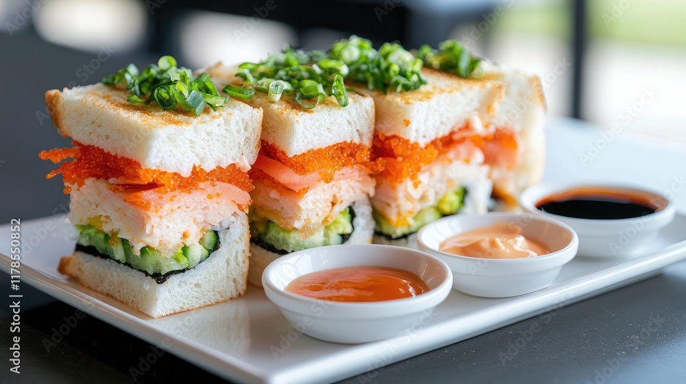 Delicious Sushi Sandwich with Fresh Ingredients and Sauces Delicious Sushi Sandwich with Fresh Ingredients and Sauces
