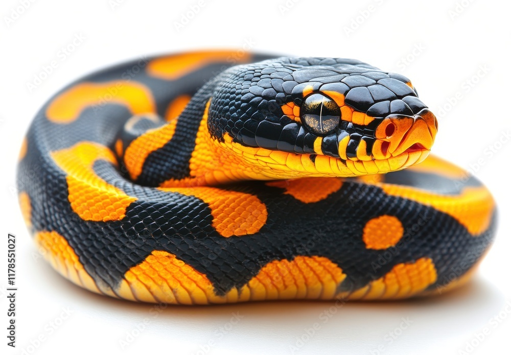 Obraz premium Brightly Colored Python with Striking Black and Orange Pattern Curled Up in a Creative Pose Against a Soft White Background for Wildlife Photography