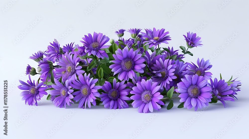 A cluster of deep purple asters on a seamless white surface. A cluster of deep purple asters on a seamless white surface.