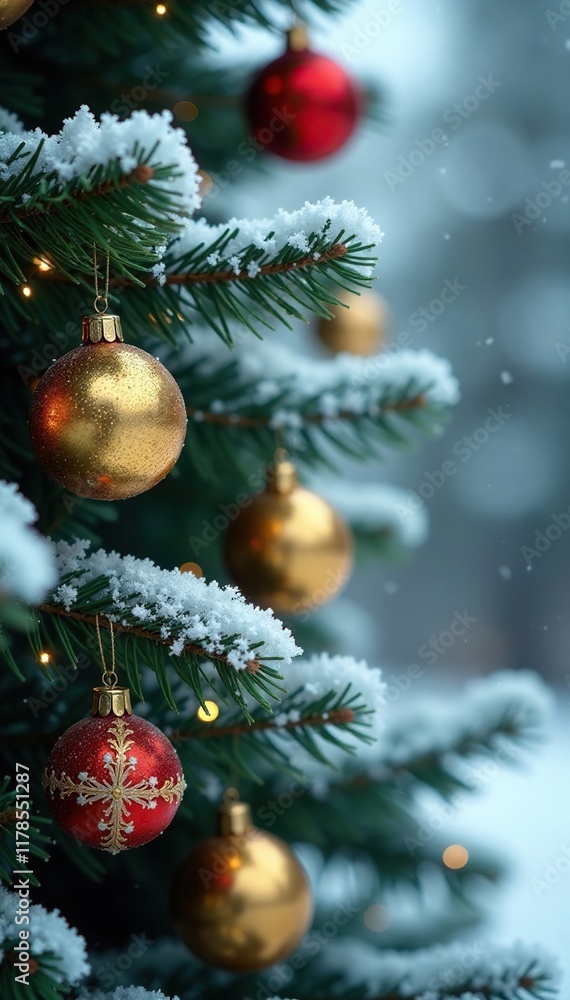 Icy evergreen tree branch with golden Christmas ornaments hung, tree, icy Icy evergreen tree branch with golden Christmas ornaments hung, tree, icy