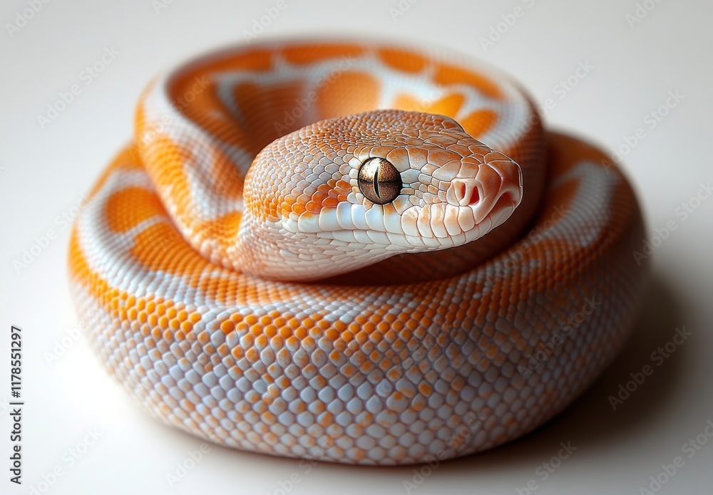 Fototapeta premium Captivating Close-Up of a Beautifully Colored Ball Python with Striking Orange and White Patterns, Showcasing Unique Scales and Serene Expression on a Neutral Background