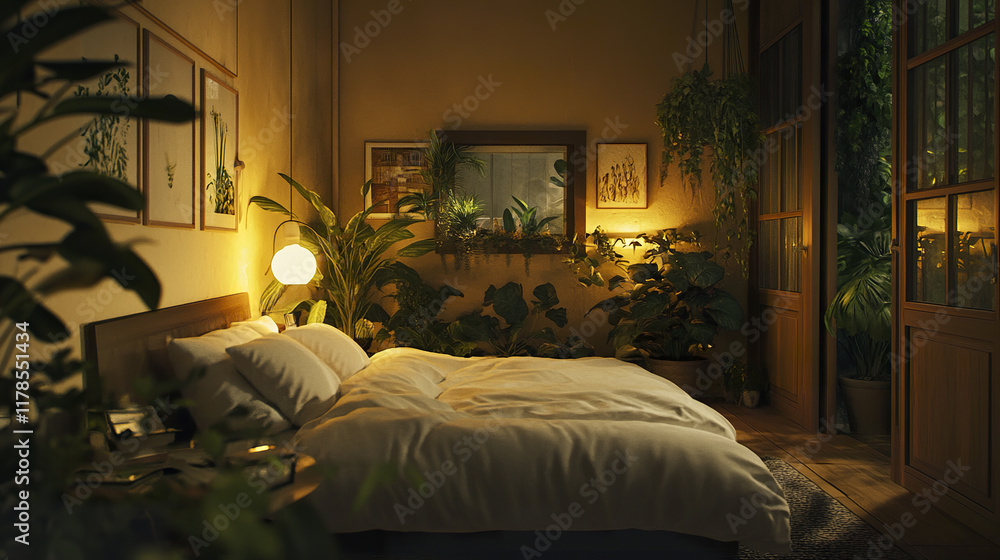Cozy bedroom with warm lighting and lush plants creating serene atmosphere Cozy bedroom with warm lighting and lush plants creating serene atmosphere