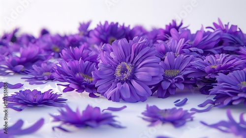 A cluster of deep purple asters on a seamless white surface. photo