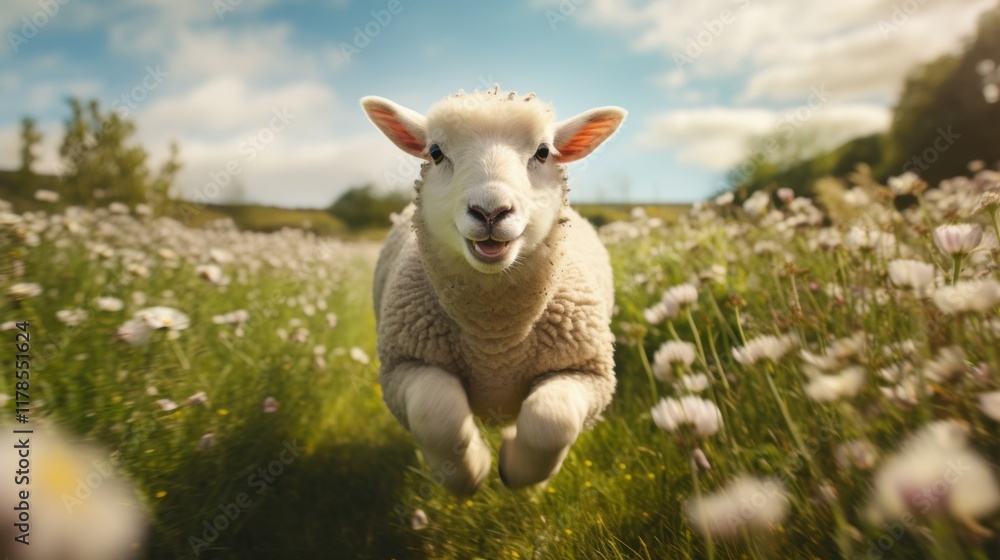 A fluffy, round sheep with a playful expression, bouncing around a field filled with vibrant green grass and blooming flowers. The scene is full of energy A fluffy, round sheep with a playful expression, bouncing around a field filled with vibrant green grass and blooming flowers. The scene is full of energy