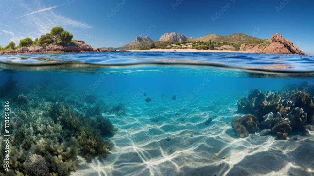 A dynamic underwater split-view of Sardinia: the top half shows a sunlit Mediterranean beach with soft sand, while the bottom half captures tropical fish swimming in crystal-clear water, their vibrant A dynamic underwater split-view of Sardinia: the top half shows a sunlit Mediterranean beach with soft sand, while the bottom half captures tropical fish swimming in crystal-clear water, their vibrant
