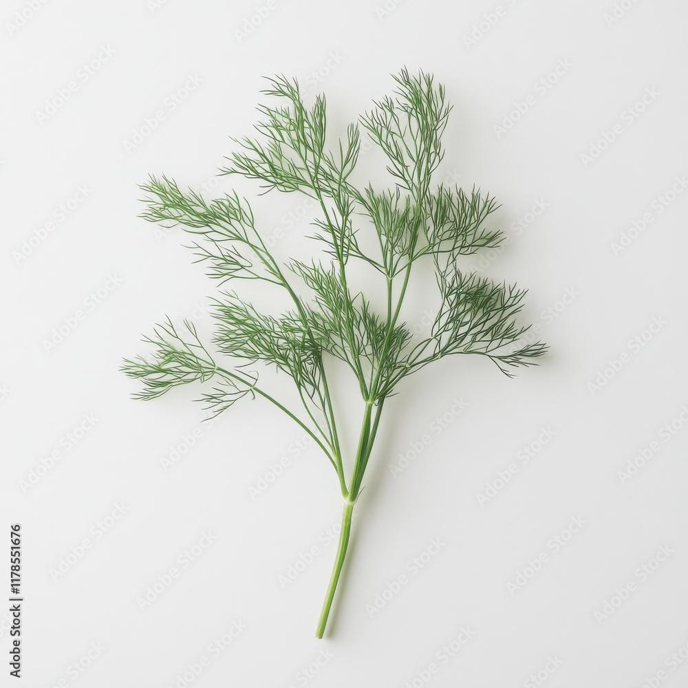 Delicate green dill sprig on clean white surface with feathery texture Delicate green dill sprig on clean white surface with feathery texture