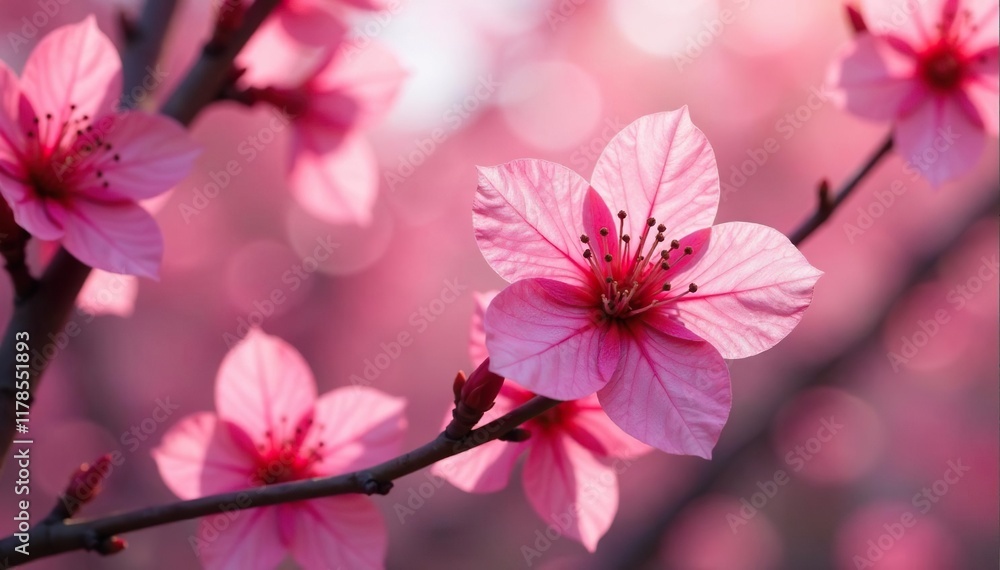 Obraz premium Pink petals unfolding in a diamond shape on a branch, branches, trees, pink color