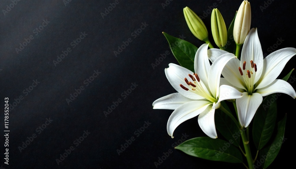 White lily arrangement on black table background with empty space, white flowers, decor White lily arrangement on black table background with empty space, white flowers, decor