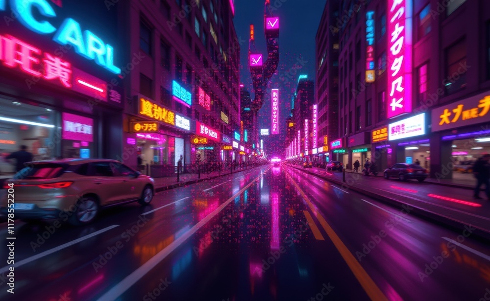 A city street at night illuminated by a vibrant display of digital data, showcasing the intersection of technology and urban life. A city street at night illuminated by a vibrant display of digital data, showcasing the intersection of technology and urban life.