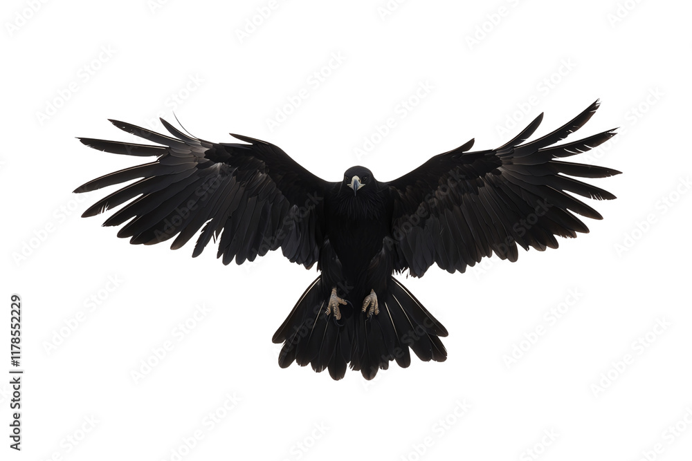 Fototapeta premium A majestic black bird with outstretched wings in mid-flight, showcasing its powerful presence and sleek feathers.