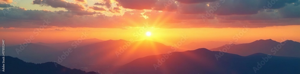 Horizon with golden light fading into the distance, wavy clouds, landscape, distant mountains Horizon with golden light fading into the distance, wavy clouds, landscape, distant mountains