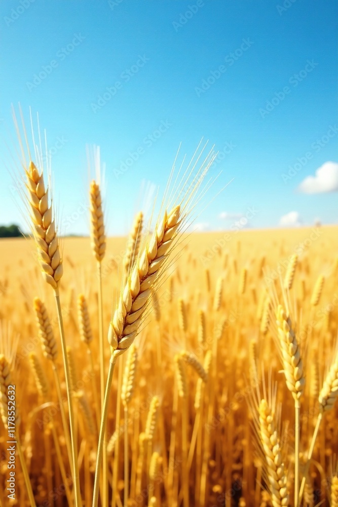 Wheat stalks wave gently in the breeze against an endless expanse of golden fields under a clear blue sky, wheat, open, wind Wheat stalks wave gently in the breeze against an endless expanse of golden fields under a clear blue sky, wheat, open, wind
