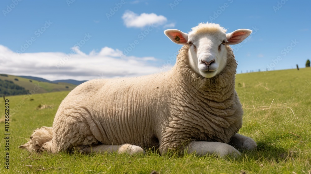 A fluffy sheep with a perfectly round body and soft, white wool, sitting in a field of green grass A fluffy sheep with a perfectly round body and soft, white wool, sitting in a field of green grass
