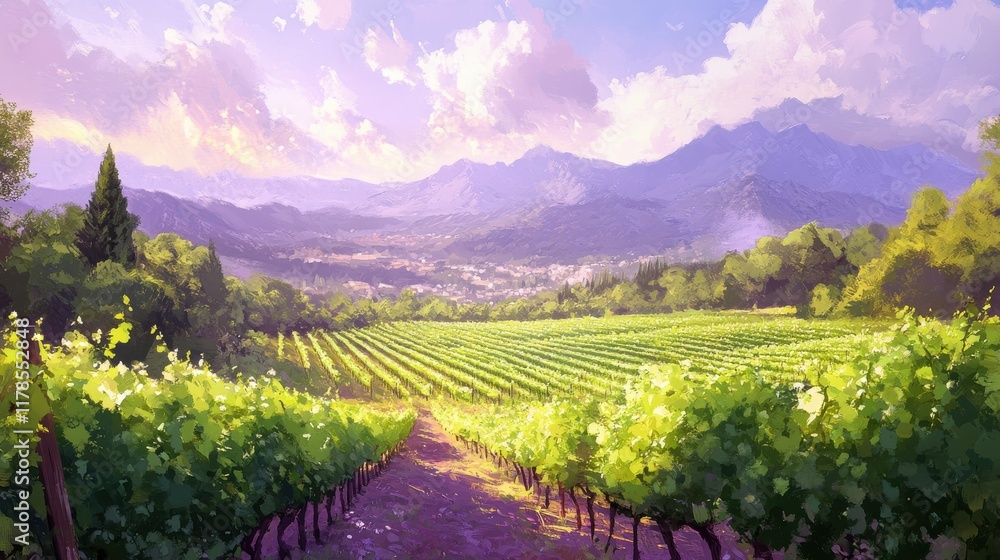Naklejka premium Vineyard in a serene valley surrounded by purple mountains at dusk
