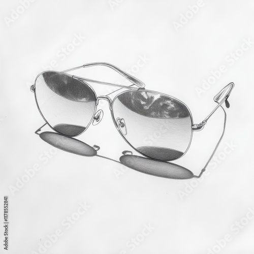 Reflective sunglasses sketched in pencil resting on a white surface highlighting their sleek design and elegant shape photo