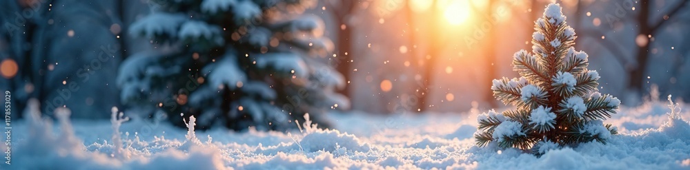 Snow dusts Christmas tree with frosty morning light, morning, shine, glow Snow dusts Christmas tree with frosty morning light, morning, shine, glow