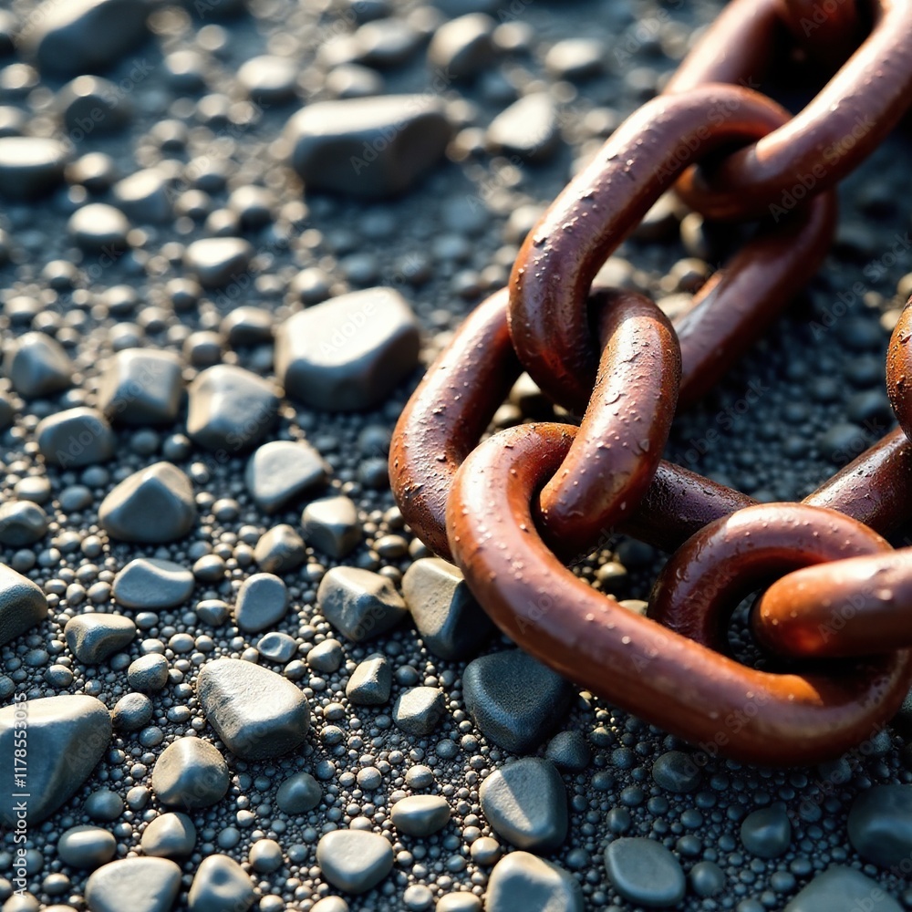Skein of rusty chain laid out on a rocky terrain, gravel, laid out, flat Skein of rusty chain laid out on a rocky terrain, gravel, laid out, flat