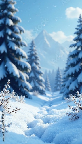 A serene winter landscape with falling snowflakes on a blanket of pristine white snow, serene, snowy, on