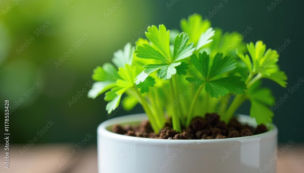 Naklejka premium Freshly grown cilantro with its leaves and stems in a small white ceramic pot, ceramic, stem