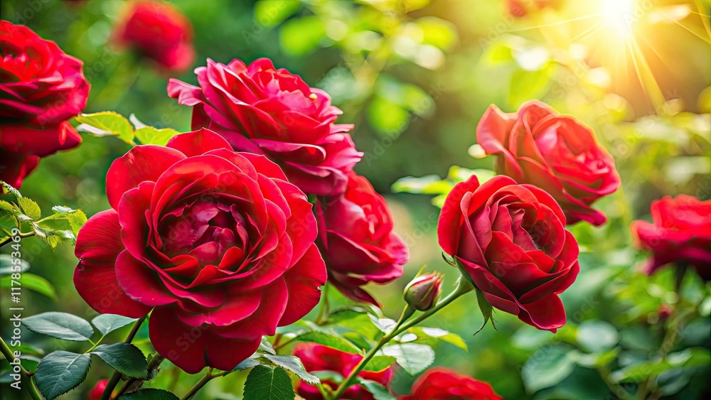 Obraz premium Vibrant Red Roses Blooming, Lush Green Foliage, Love, Beauty, Candid Photography, Floral Photography, Nature Photography