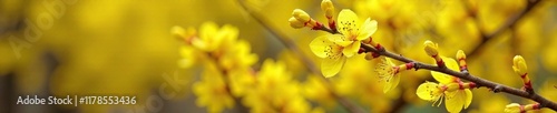 Forsythia branches with bright yellow flowers, blooming, bush