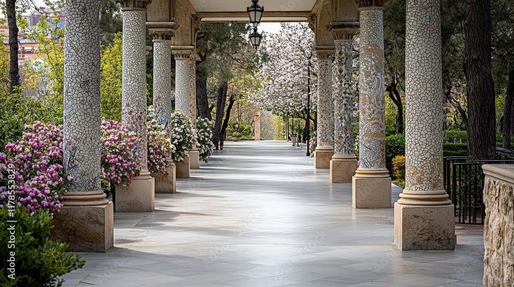 Obraz premium Scenic pathway through blossoming columns park guell photographic landscape serene nature eye-level view tranquil beauty