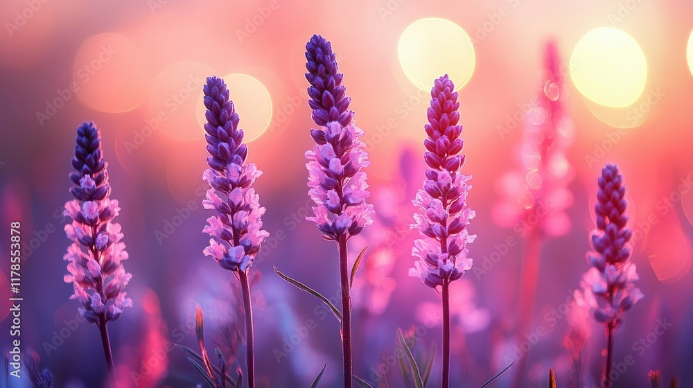 Obraz premium Serene Sunset Lavender Field Soft Focus Purple Flowers at Golden Hour