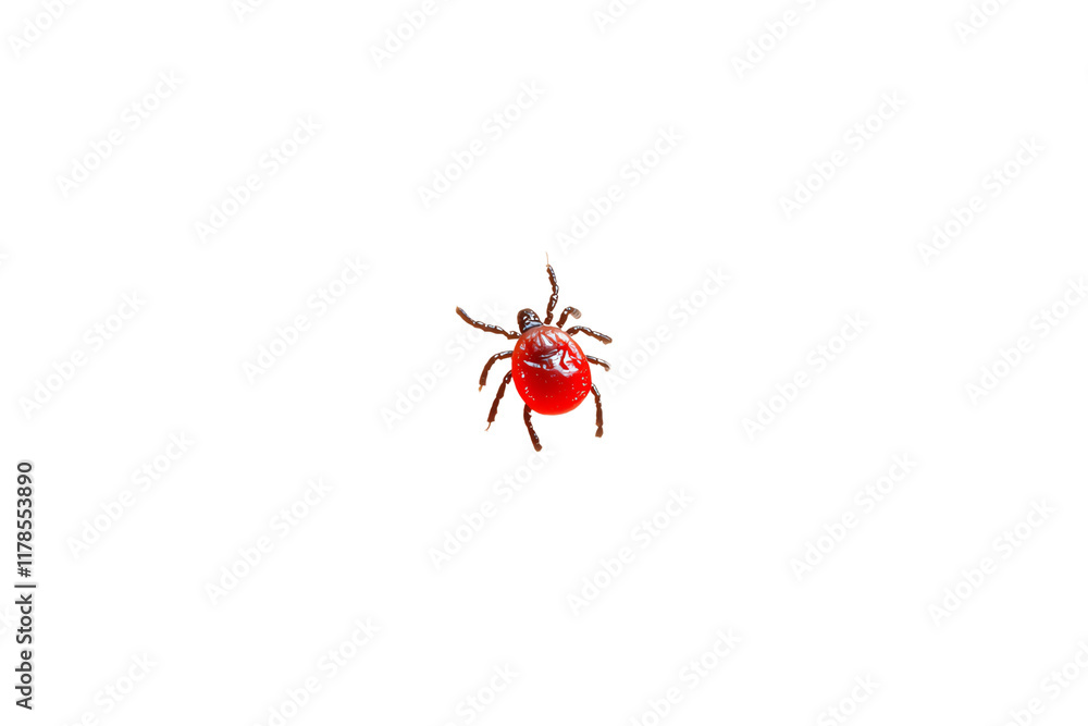 A small spider with a bright red body and long legs, prominently displayed and showcasing its unique coloration. A small spider with a bright red body and long legs, prominently displayed and showcasing its unique coloration.