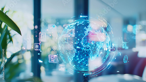 Glowing globe with business icons on blurred background. Global business concept. 3D Rendering