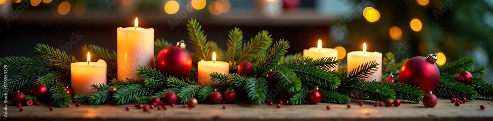 Decorated table with candles and evergreen branches, christmas, centerpiece, rustic Decorated table with candles and evergreen branches, christmas, centerpiece, rustic