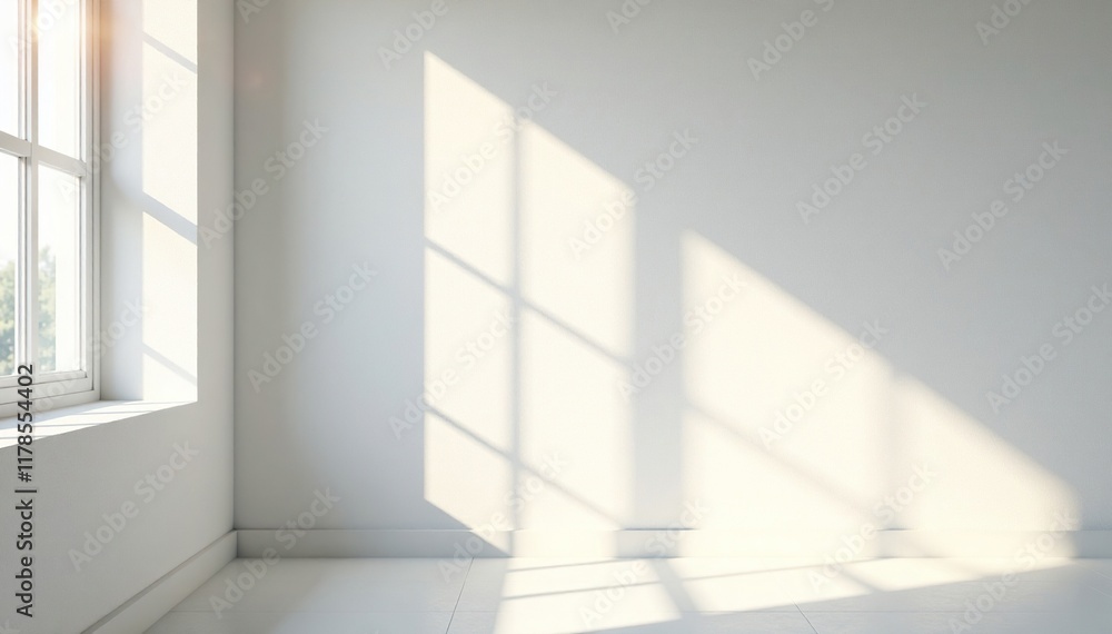 Fototapeta premium Gentle sunbeam falls on a minimalist white wall, serene space, natural light, shadows