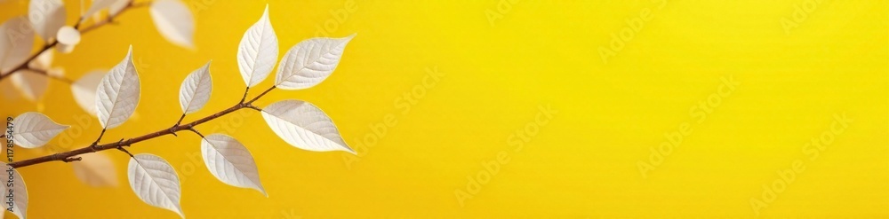 Leafy branches with white leaves and autumn hues against a bright yellow background, yellow background, branch, autumnal Leafy branches with white leaves and autumn hues against a bright yellow background, yellow background, branch, autumnal