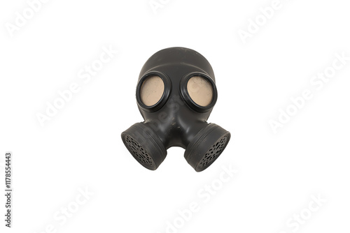 A black gas mask featuring round lenses and dual filters, designed for protection against airborne contaminants. photo