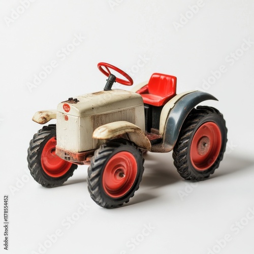 Detailed toy tractor with bright red wheels displayed upright on a white background photo