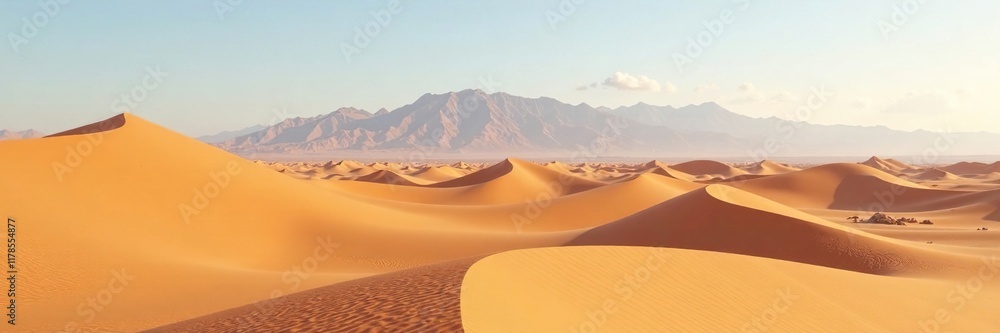 Fototapeta premium Desert landscape with wavy sand dunes and a distant mountain range, dunes, landscape, sandy surface