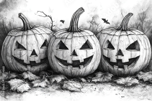 Three carved pumpkins with bats and leaves in spooky setting. photo