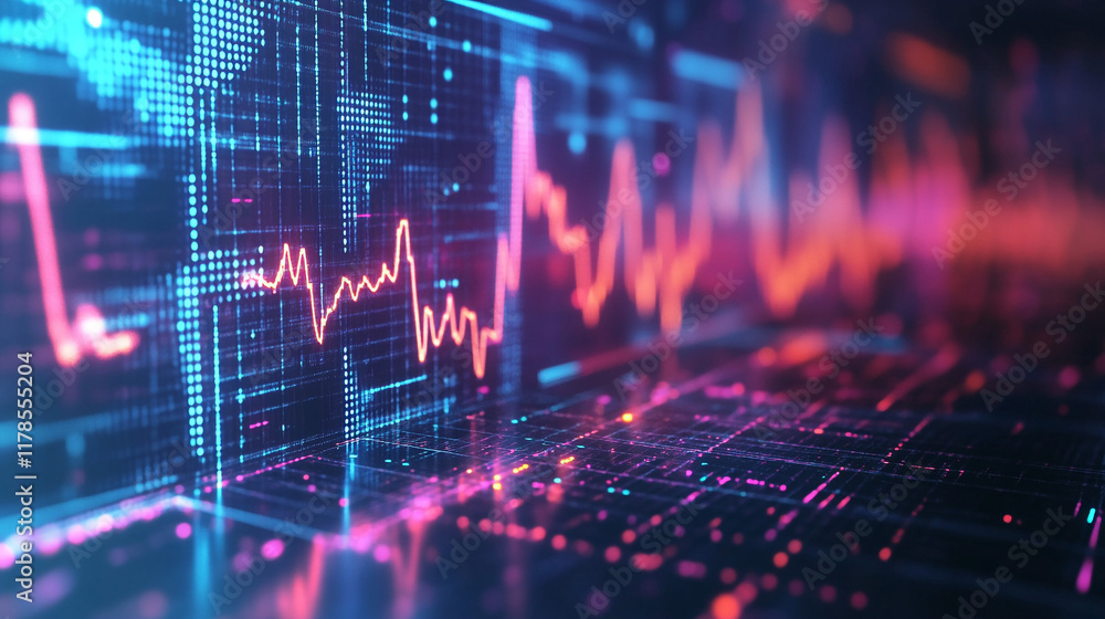 Vibrant Data Visualization with Digital Waveform Patterns. This image showcases digital data visualization featuring colorful waveforms and grid patterns ideal for tech and data analytics presentation Vibrant Data Visualization with Digital Waveform Patterns. This image showcases digital data visualization featuring colorful waveforms and grid patterns ideal for tech and data analytics presentation