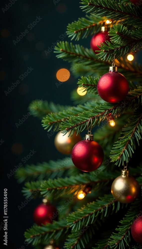 Red and green fir branches with shiny balls and fairy lights, fairy lights, fir branches, festive atmosphere Red and green fir branches with shiny balls and fairy lights, fairy lights, fir branches, festive atmosphere