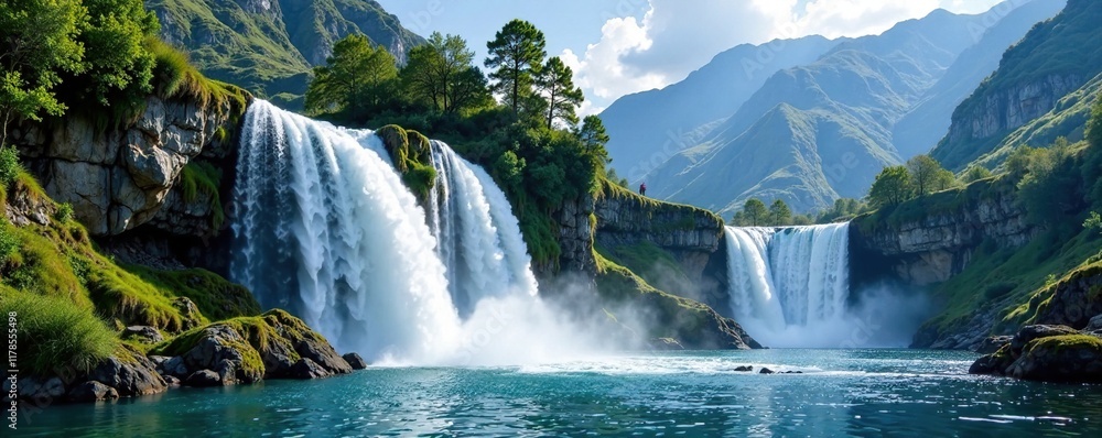 Fototapeta premium Shimmering waterfalls cascading down mountainside, waterfall, landscape