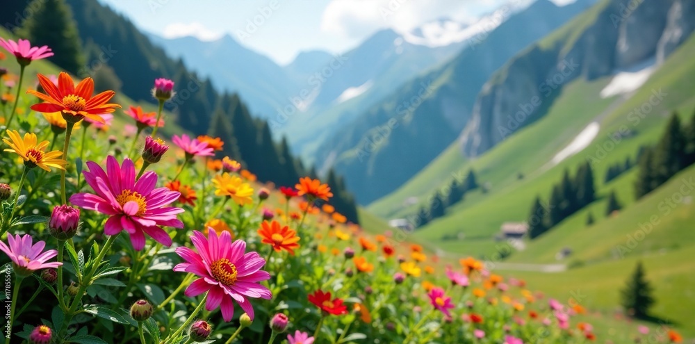 Fototapeta premium A colorful bouquet of alpine wildflowers in a mountain garden, garden, flowers