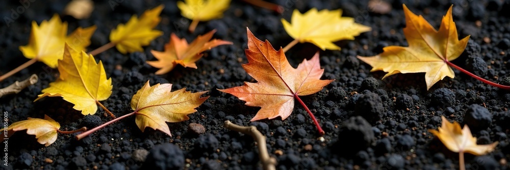 Ginger leaves scattered in the black soil with small twigs, , foliage Ginger leaves scattered in the black soil with small twigs, , foliage