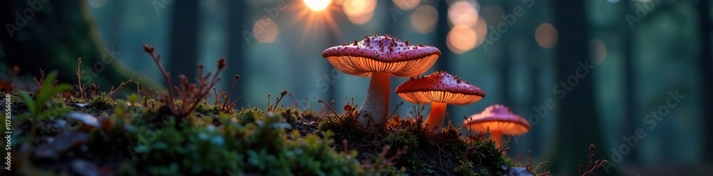 iridescent fungus caps glowing softly in the forest at dusk, plant biology, , woodland ambiance iridescent fungus caps glowing softly in the forest at dusk, plant biology, , woodland ambiance