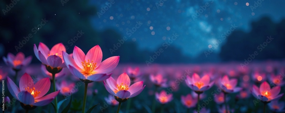 Petals of delicate flowers glow softly under starry night sky, nature, night sky Petals of delicate flowers glow softly under starry night sky, nature, night sky