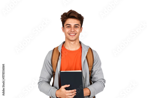 Smiling young male student holding books with a backpack, isolated on transparent background photo